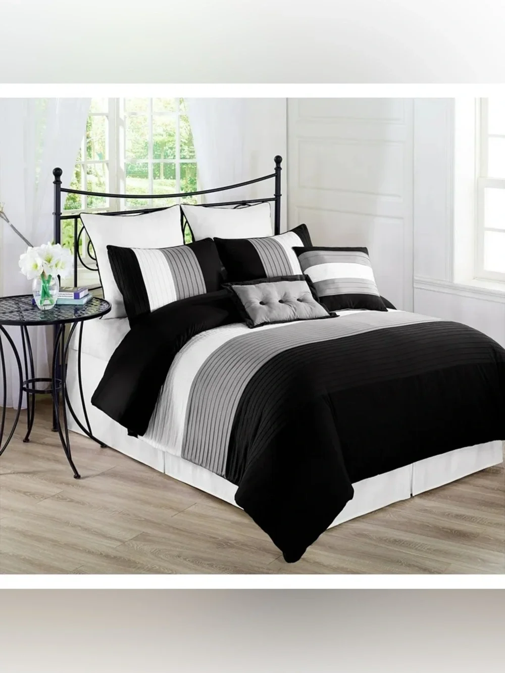 Black and Gray Pleated Full 3 piece Comforter Set with Accent Pillow